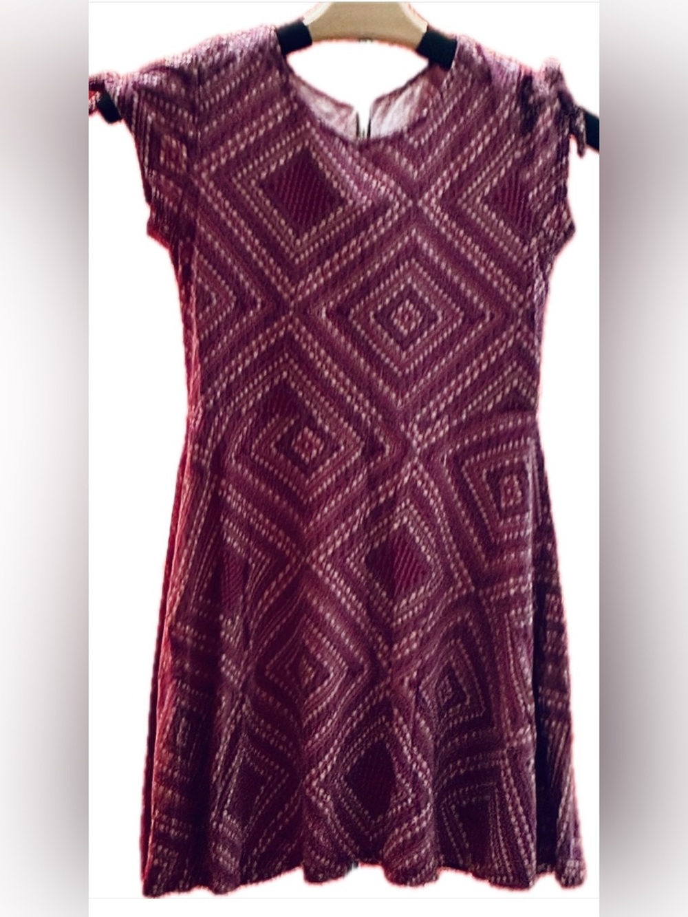 Burgundy Geometric Print Casual 100% Cotton Dress - cap sleeves & slight flare